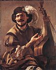 Terbrugghen Paintings - A Laughing Bravo with a Bass Viol and a Glass by Hendrick Terbrugghen